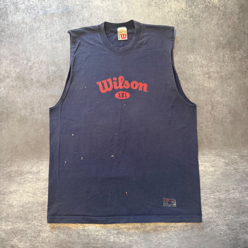 Vintage 90s Wilson Muscle Tee Shirt Mens XXL Navy Blue Spell Out USA Tank Top